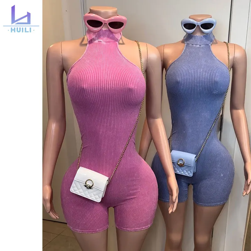 Huili Manufacturer 2024 New Arrivals Stretch Ribbed Knit One Piece Tight Jumpsuits Sleeveless Sexy Backless Bodysuits For Women