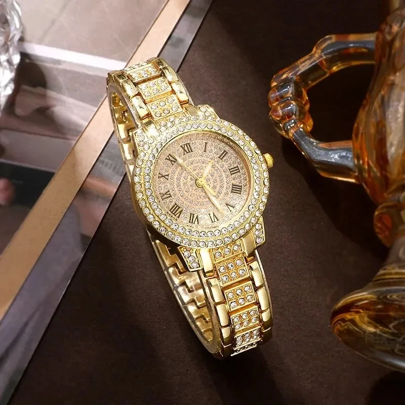 5pcs Set Golden Watch Women Ring Necklace Earrings Rhinestone Fashion Wristwatch Female Casual Ladies Watches Bracelet Set