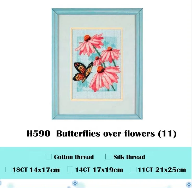 
H590 Butterfly on flowers cross stitch kit aida 18ct 14ct 11ct light blue cloth unprint canvas embroidery DIY 