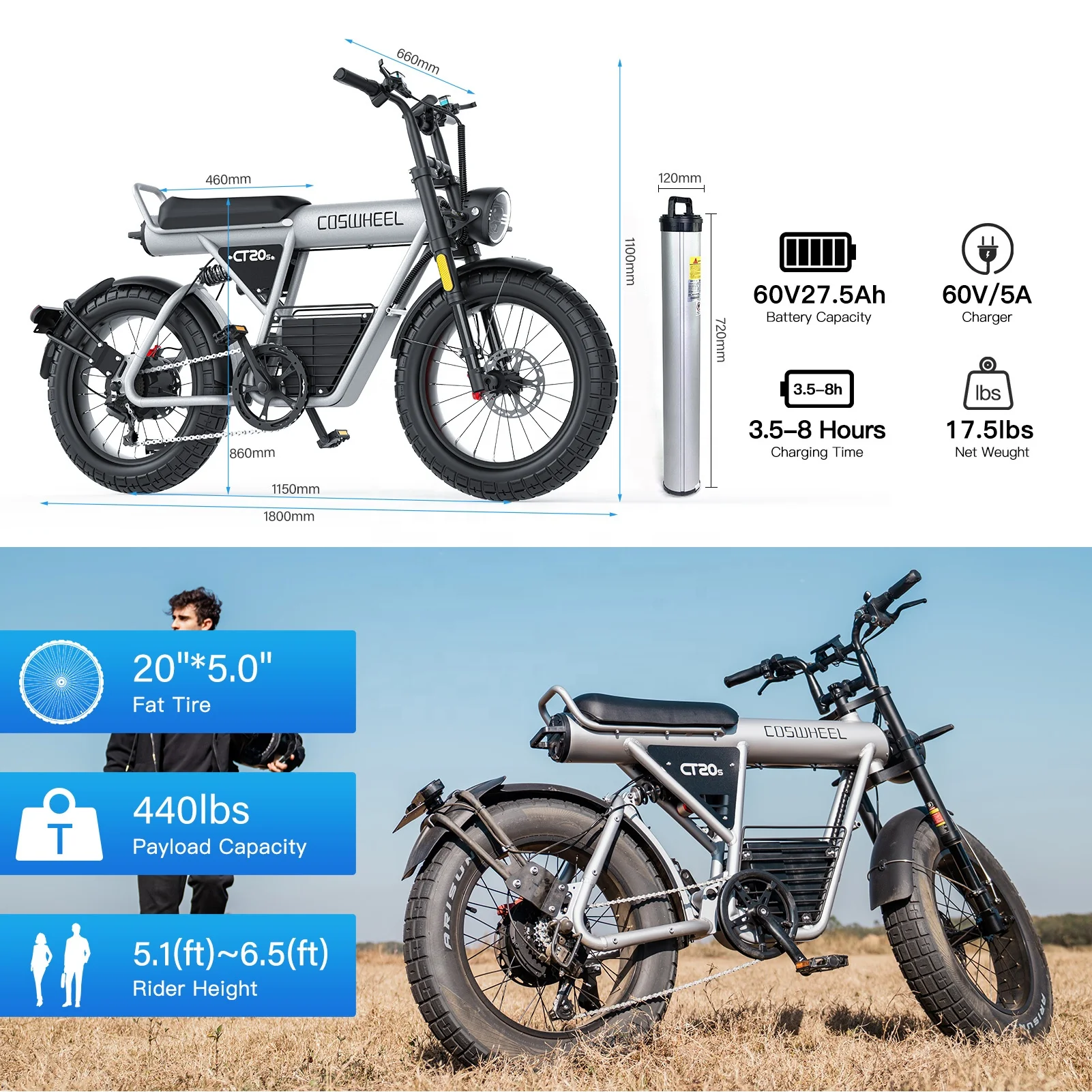 Factory Hot Sale COSWHEEL CT20S 48V 60V 2000w Ebike Electric Hybrid Bike Long Range Adult 100 mile 20*5.0 Fat Tire Electric Bike