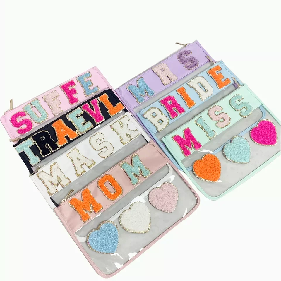 2022 High quality Waterproof Clear PVC Makeup Pouches Embroidery Patches Cosmetic Small Bags Personalized Cute Chenille Letters