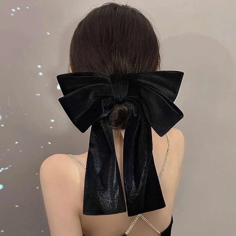MIO Large velvet hair spring clip big bowtie sweet for lady red velvet bowknot women long tassel ribbon hairpins handmade