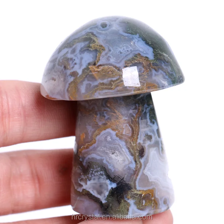 Hot Selling Nature Mushroom Shape Crystal Carved  Moss Agate Mushroom For Decoration
