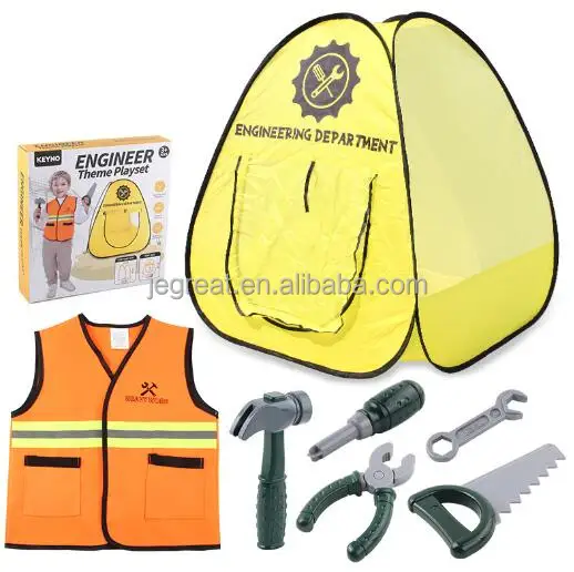 Kid Builder Career Outfit Construction Worker Costume Pretend Role Play Toy Set with tent vest saw wrench bolt driver