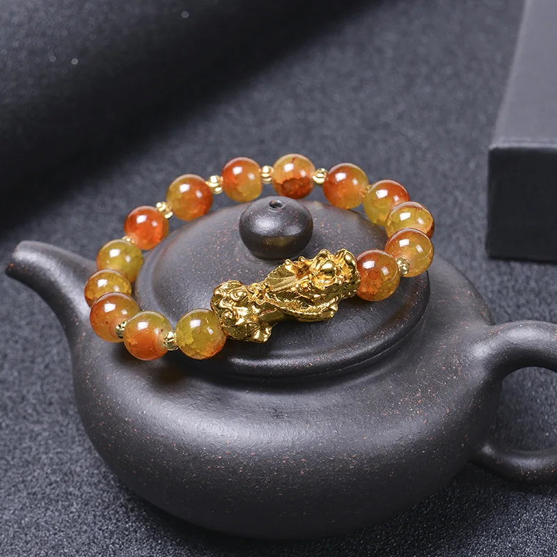 SC 2024 New Colorful Strech Simulated Jade Beaded Bracelets Feng Shui Wealth Glass Bead Gold Plated Pixiu Bracelet For Women