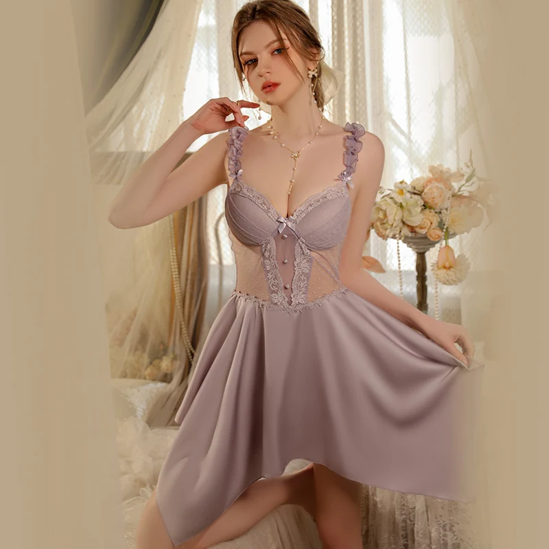 China manufacturer wholesale sleepwear women silk patchwork lace sleep dress and robe set J3134