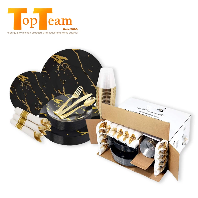 Plate Set Gold Marble Design Black And Gold Dinnerware Set Plastic Tumbler Cup Party Plates And Napkins Sets