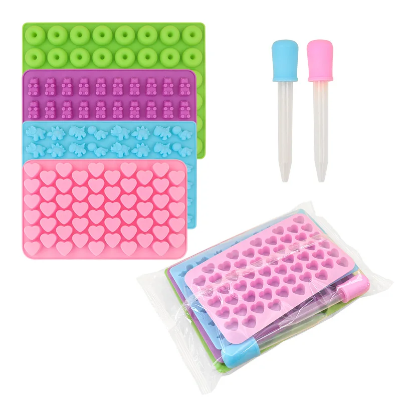 4Pcs Non-Stick Silicone Candy Molde Gummy Bear Dinosaur Donut Heart 2 Droppers Perfect Bakeware Set for Molds Decorations