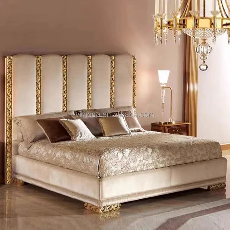 Italian Luxury German Luxury Royal carved Solid Wood King Size Bed Beige velvet Master Bed Room Soft Home Bedroom Furniture