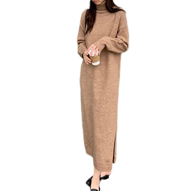 High quality winter thick maxi knit turtleneck sweaters casual slim high neck plain long sweater dresses for womens