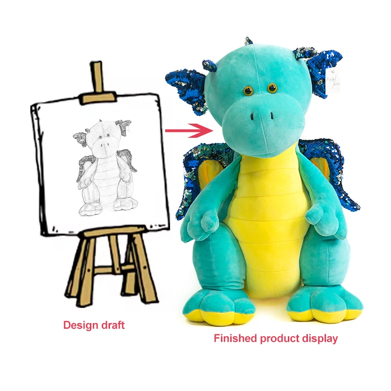 Top Ranking Dragon Plush Doll Winged Dragon Stuffed Toy with Shimmering Sequins on Wings and Ears