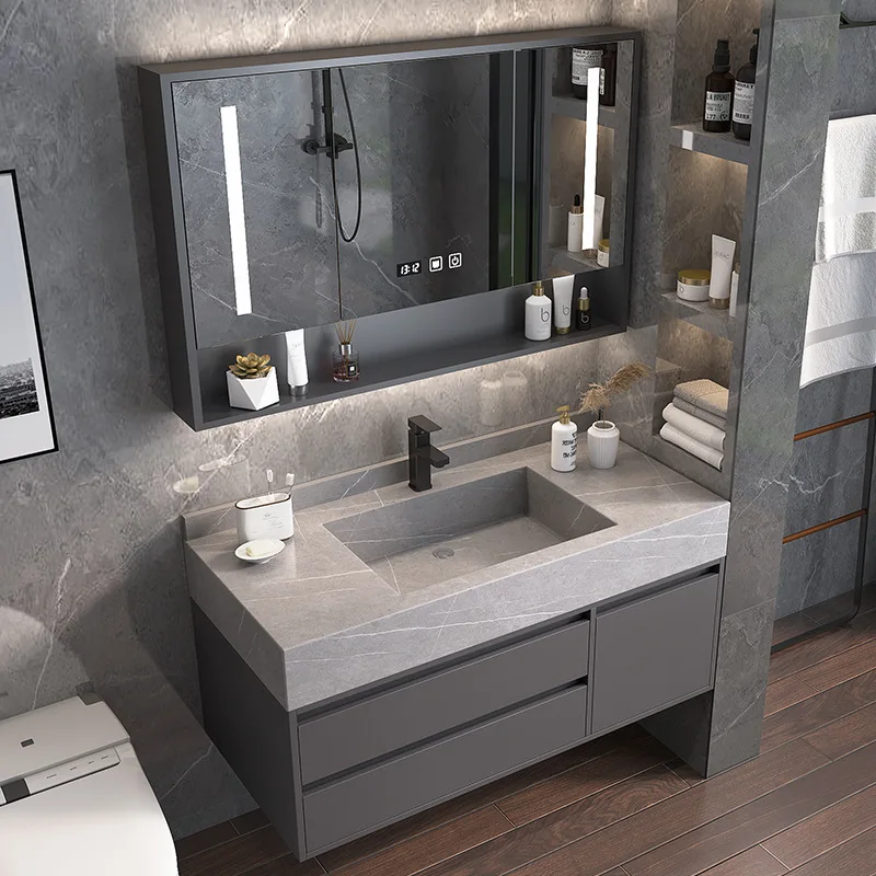 Wall Mounted White Ceramic Basin Rectangle Led Mirror Light Bathroom Sets Cabinets Modern Luxury Bathroom Vanity With Sink