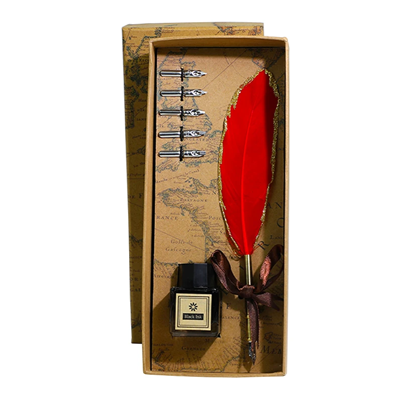 Gold Calligraphy Pen Vintage Antique Feather Pen Set