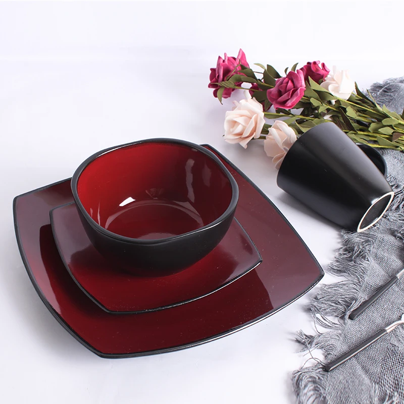 16 Pcs Dinner Set Pakistan Red Black Solid Two Stone Color Glazed Stoneware Ceramic Crockery Dinnerware