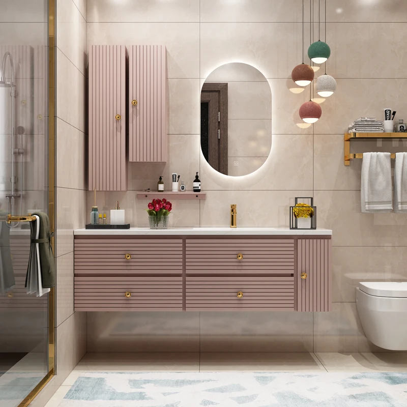 Современное большое пространство для хранения розового цвета с боковыми шкафами, шкаф для ванной комнаты с ящиками