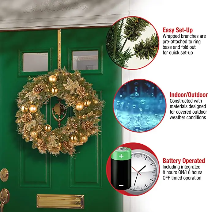 Предварительно зажженный искусственный Золотой Рождественский венок коллекция флокированные с смешанными украшениями и предварительно завязанными белыми светодиодными лампами