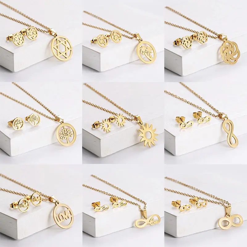 Hifive Ins Stainless Steel Heart Simple Necklace Earring Jewelry Set Moon Star Fashion 18k gold plated Jewelry Set For Women