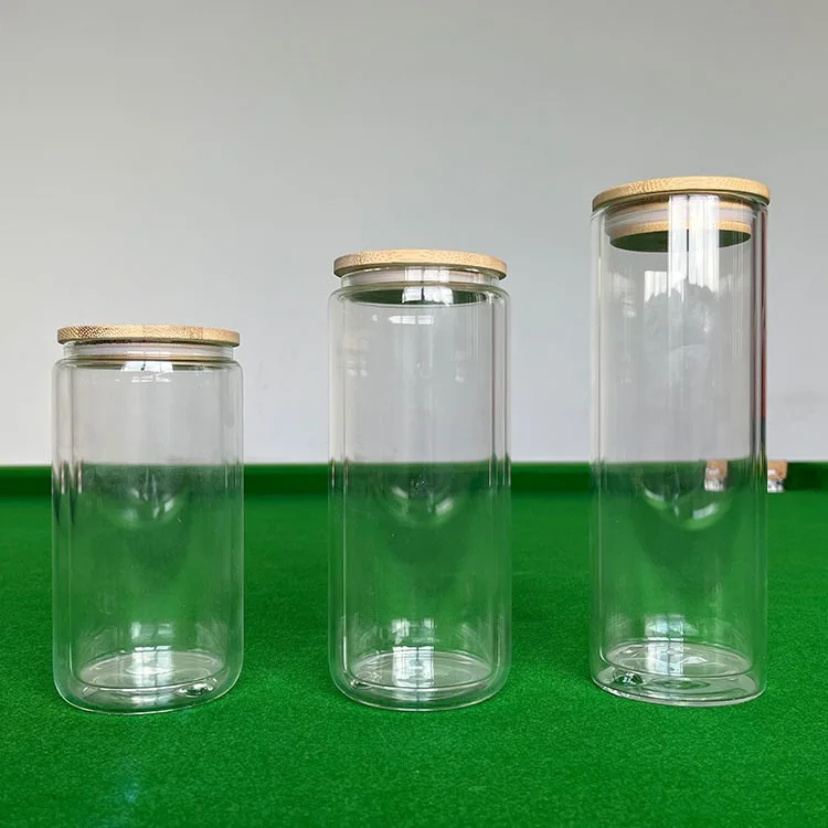 Mazoho 2022 New 12/16/20oz double walled sublimation blank glass can snow globe glitter glass beer Can with bamboo lid