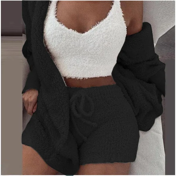 Winter polyester fiber sexy plush thick homewear leisure long sleeve vest shorts suit 3 piece pajama set women