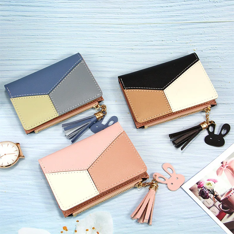 2020 New Large Capacity Women short Wallet with Wristband, Patchwork Synthetic Leather Zipper Wallet Phone Case for Women