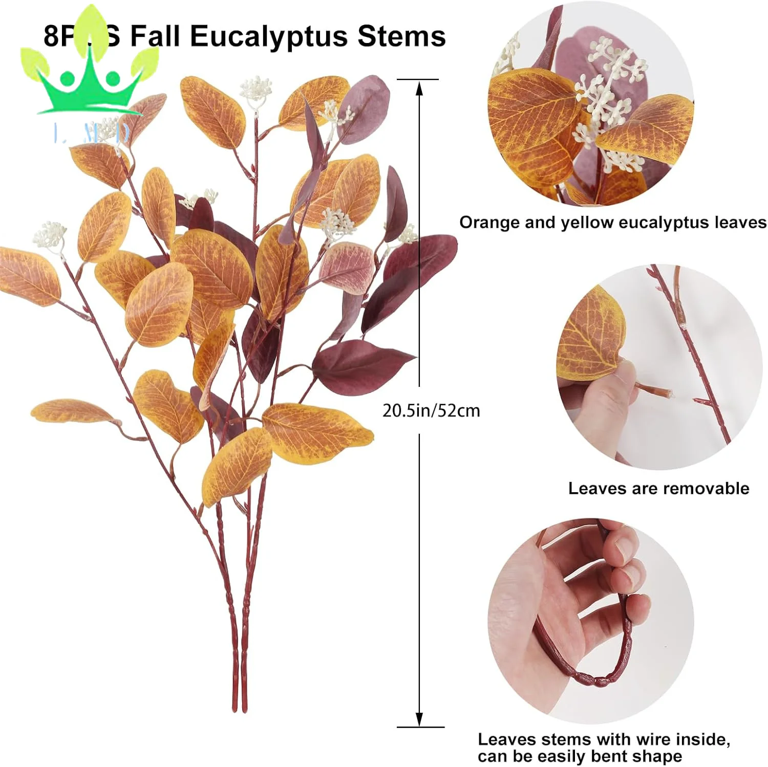 Artificial Eucalyptus Leaves Orange Red Fall Foliage Stems Silk Silver Dollar Autumn Plant for Home Fireplace Wedding Farmhouse