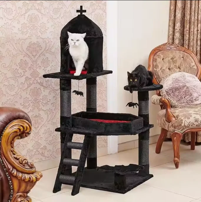 Luxury Siasl Cat Tree with Spider Hanging Ball Multi-Level Cat Activities Furniture for Cats Black Halloween