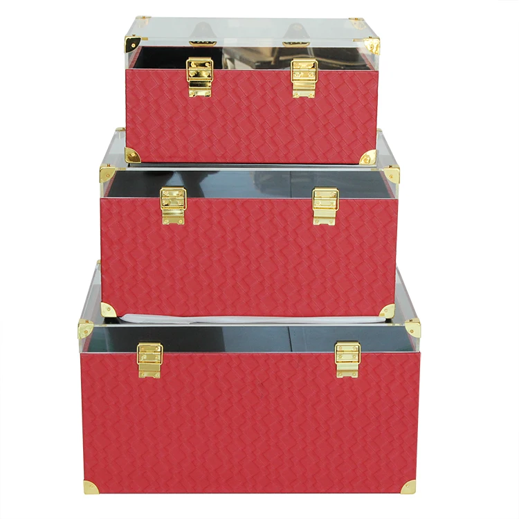 Red leather wooden trunk set of 3 storage trunks with acrylic lid