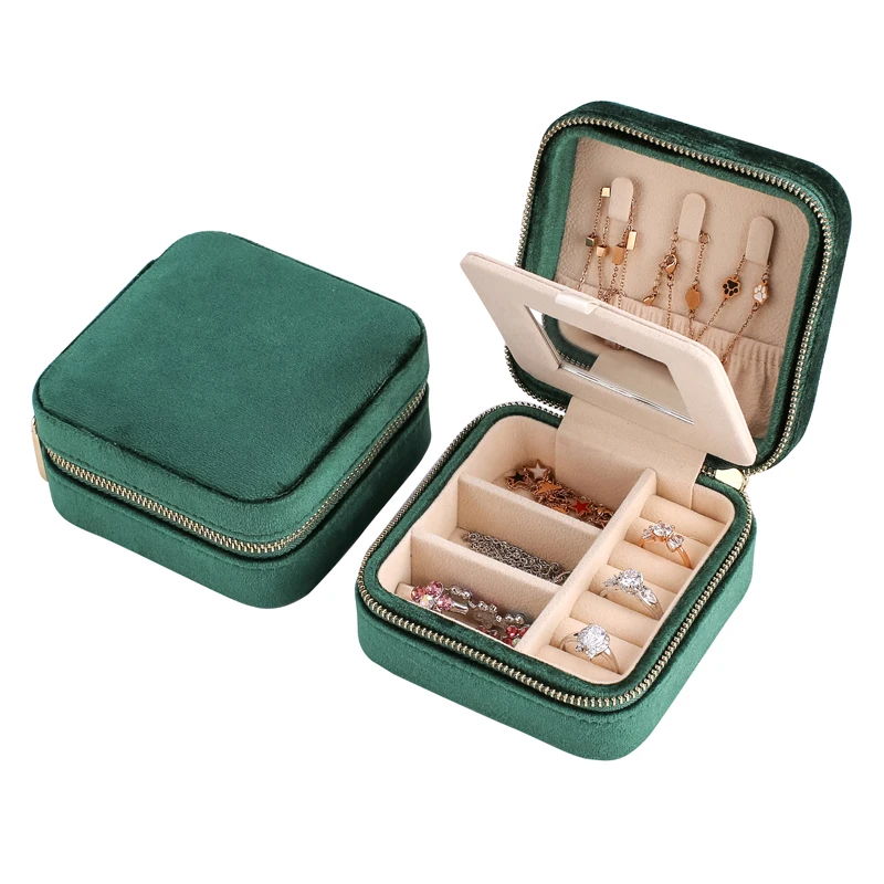 Dropshipping Girls Portable Travel Necklace Jewellery Boxes Mirror Velvet Jewelry Box
