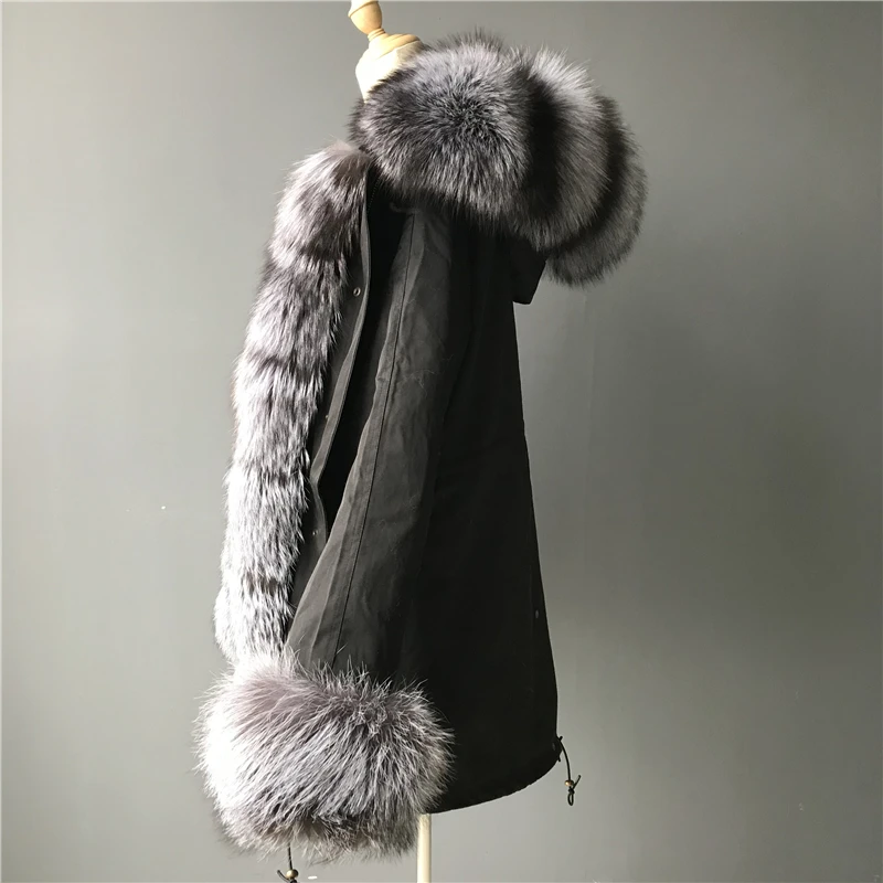 2019 Wholesale Winter Detachable Real Rex Rabbit Lining Parka Fur Hood Fur Jacket Parka Long Silver Fox Fur Parka