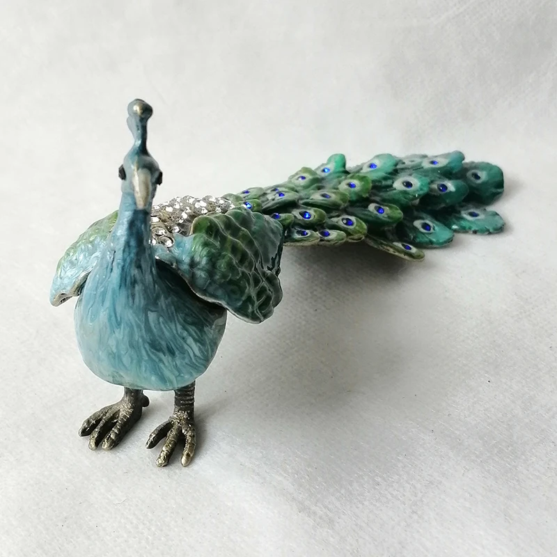 Green Jeweled Peacock Trinket Box Handmade Zinc Alloy Jewelry Box Standing Peacock Statues With Long Tail