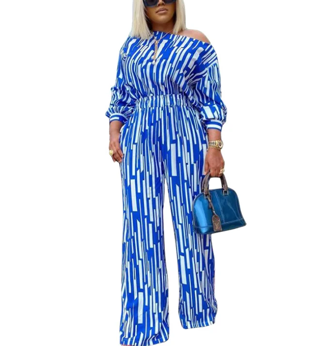 2021 Fashion Spring Large Size Wide Leg Striped Women Two pieces sets