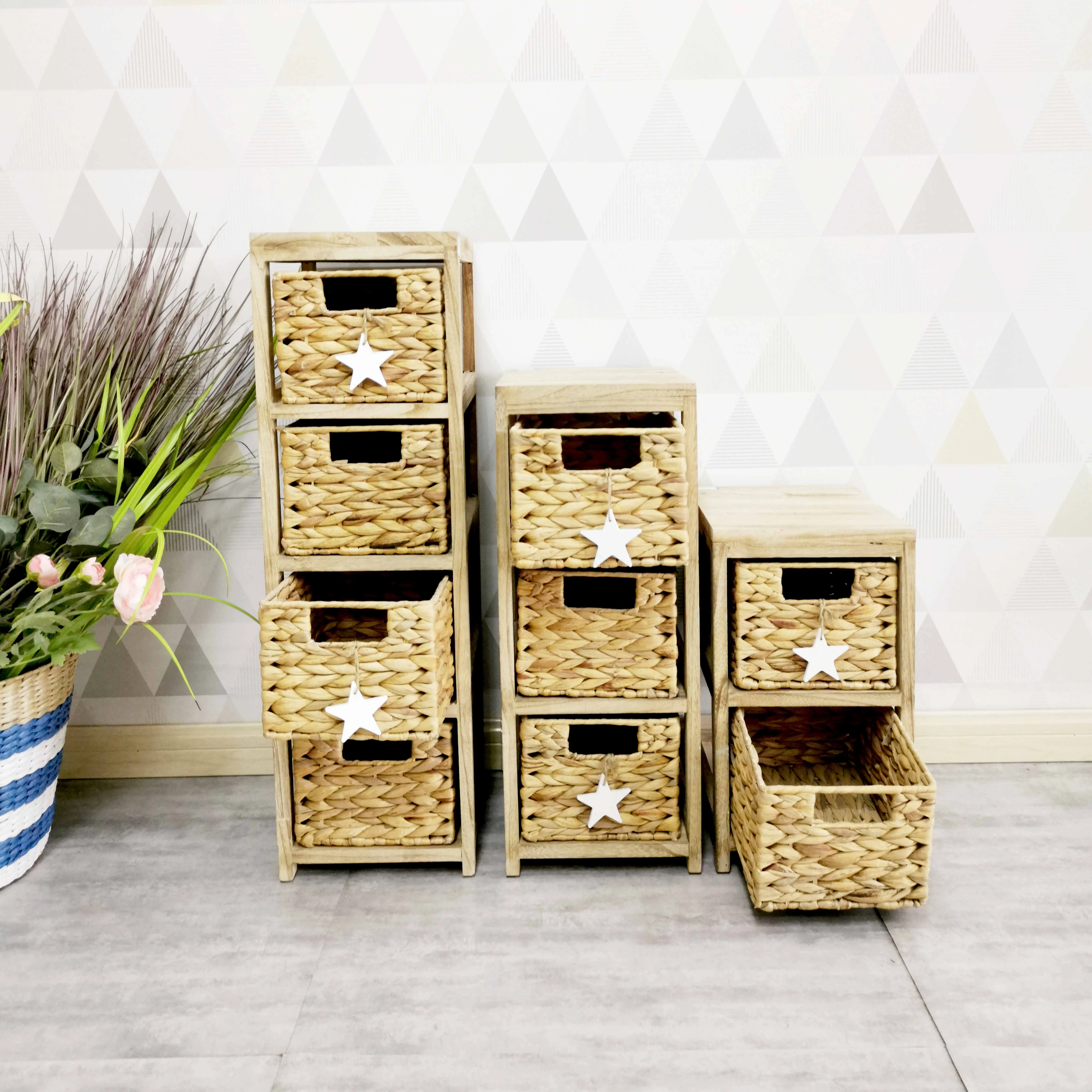3 handmade grass drawer Storage cabinet paulownia wood cabinet with wood star decoration