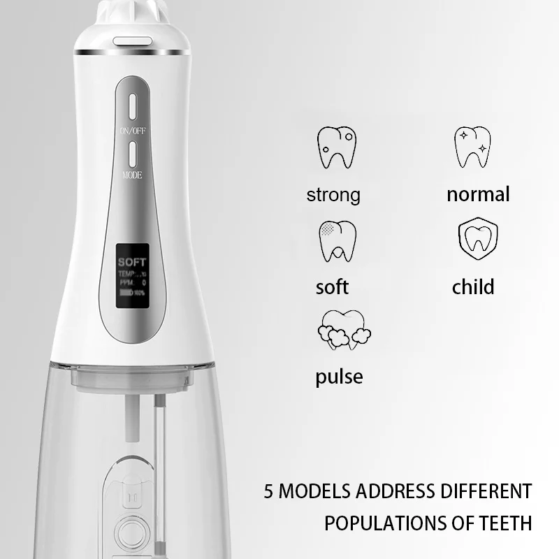 Capacity Rechargeable Dental Hygeine Oral Care Irrigator Water Flosser Teeth Cleaning OLED Display 350ml Portable 30-120 PSI Usb