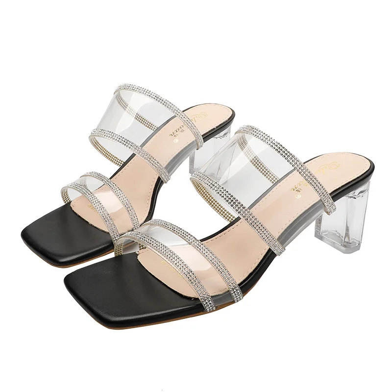 
2021 summer outdoor square toe strappy elegant transparent rhinestone middle heel women sandals 
