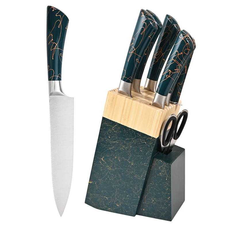 8 Pieces Stainless Steel Kitchen Knives Wooden Knife Block Handheld Sharpener Slicing Chef Kitchen Knife Set