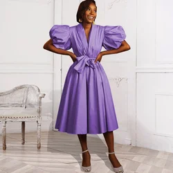 KEN-AM210915 big puffy sleeves purple elegant cocktail dress blazer collar bow tie skater evening dress