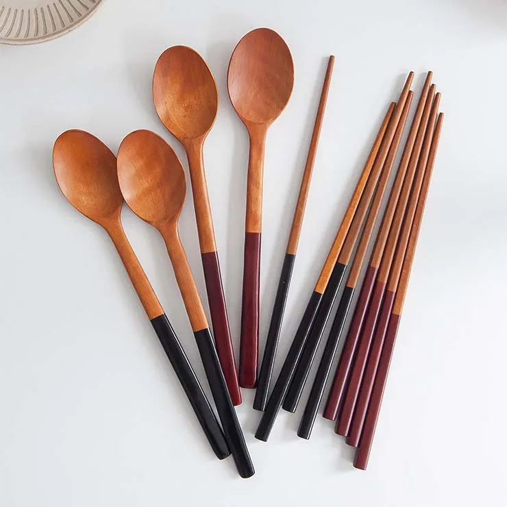 Eco-friendly reusable duo - tone wooden spoon and chopstick set round handle luxury hotel restaurant cutlery set