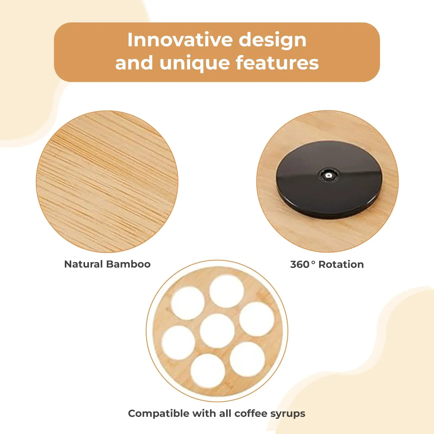 Factory Direct Premium Lazy Susan 7 Bottle Rotating Coffee Syrup Carousel Bamboo Coffee Syrup Organizer for Countertop