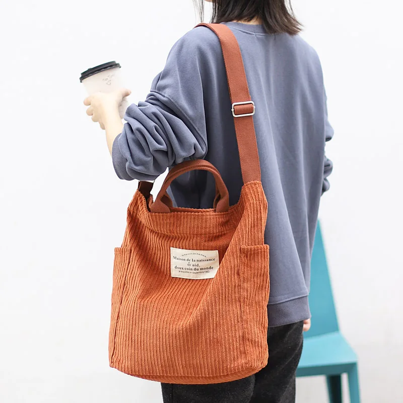 Wholesale Fashion Designed Reusable Cotton Canvas Crossbody Corduroy Tote Bag With Adjustable Strap