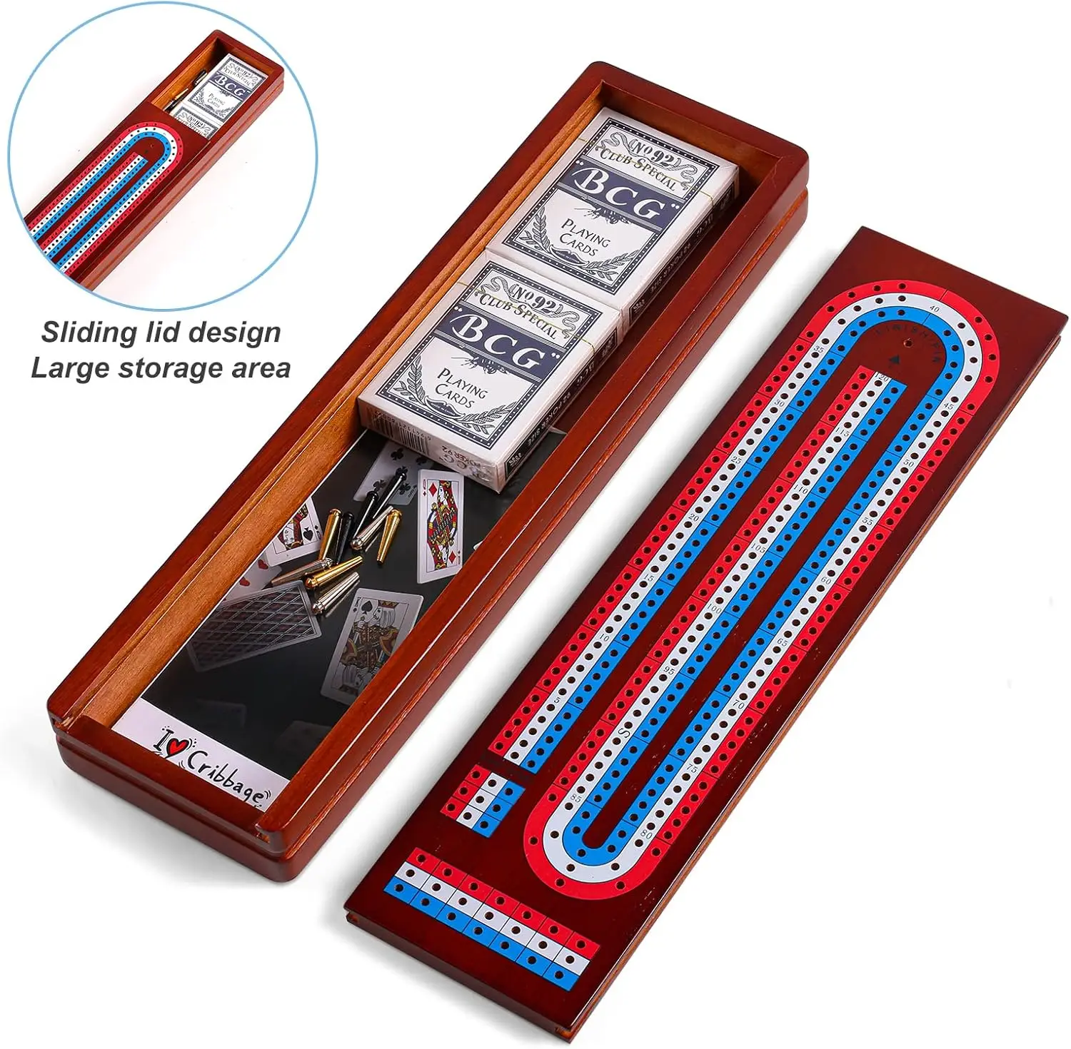 Cribbage Board Game Set with Large Storage - Solid Wood 3-Track Board, 9 Metal Pegs, 2 Decks of Cards for Game Night & Travel