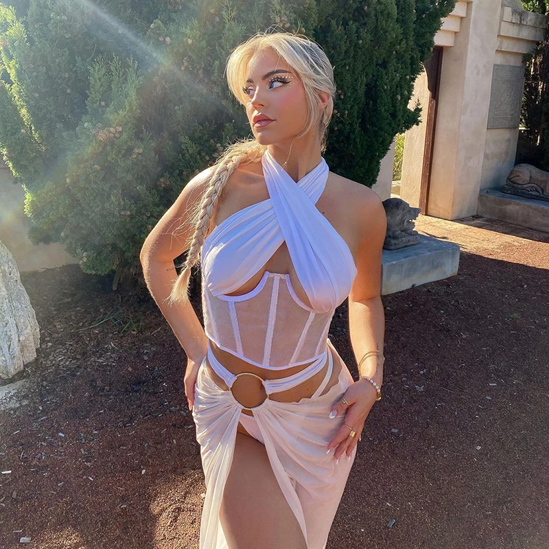 
Sexy Black Corset Mesh Vest Halter White Crop Top 