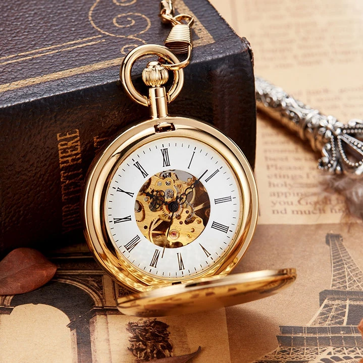 Antique Skeleton mechanical Movement Double Face Brass Automatic Mechanical Pocket Watches