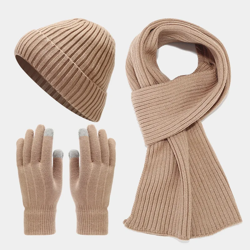Autumn and Winter Warm Three-Piece Set for Men and Women New Cashmere Hat Scarf Gloves-Thick Knit Cold Suit