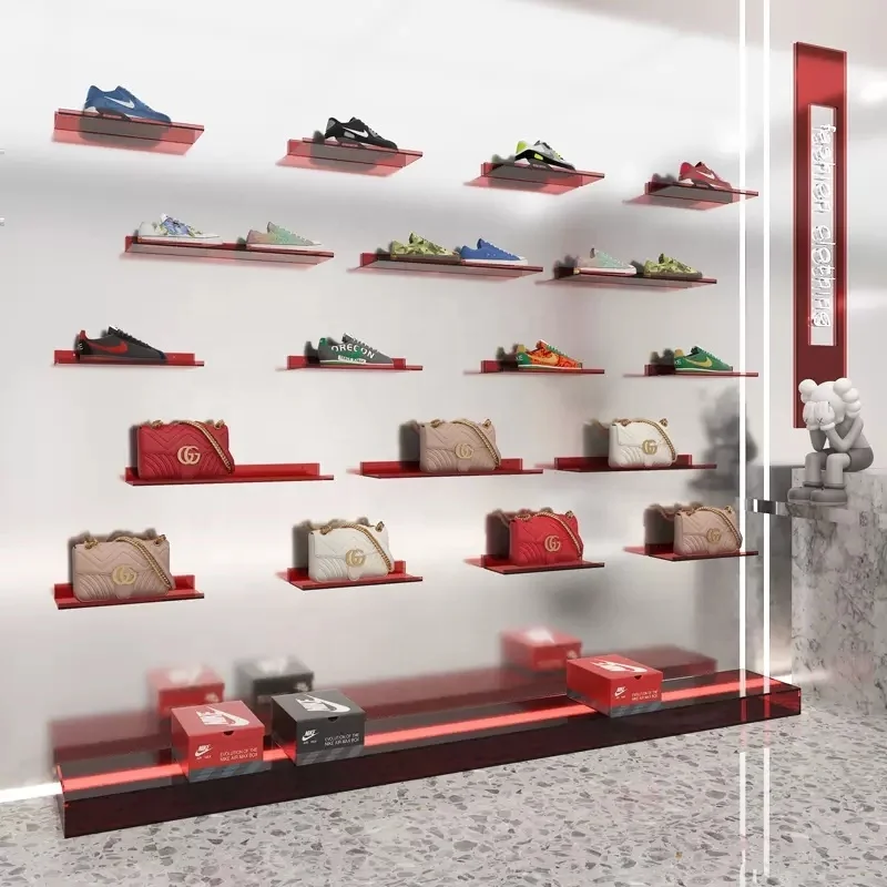 Custom Shop Design Shoe Display  Wall mounted Display Bag Retail Store Display Racks Counters for cosmetics acrylic cylinder