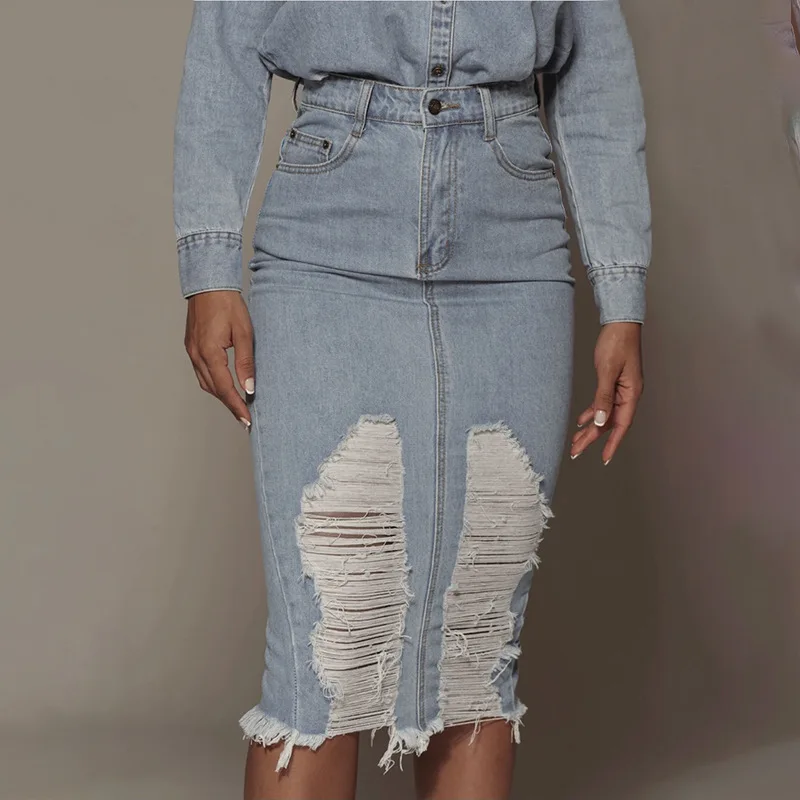 Fashion Hot Selling Womens High Waist Casual Jean Skirts Sexy Ripped Tight Denim Skirt For Girl