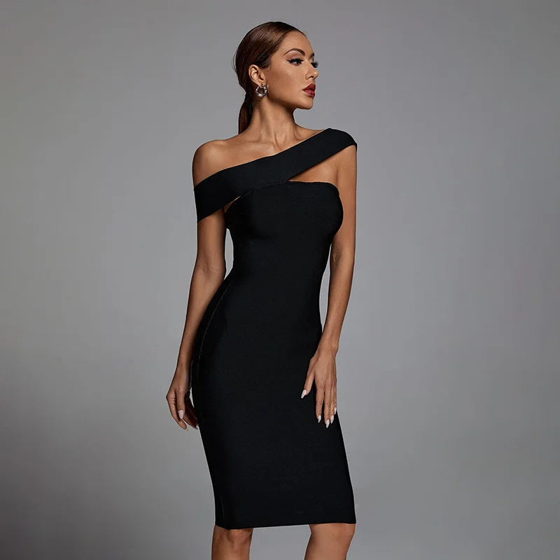 Luxury Elegant Sexy Bodycon Black Wedding Guest Midi One Shoulder Party Cocktail Dinner Dresses Women