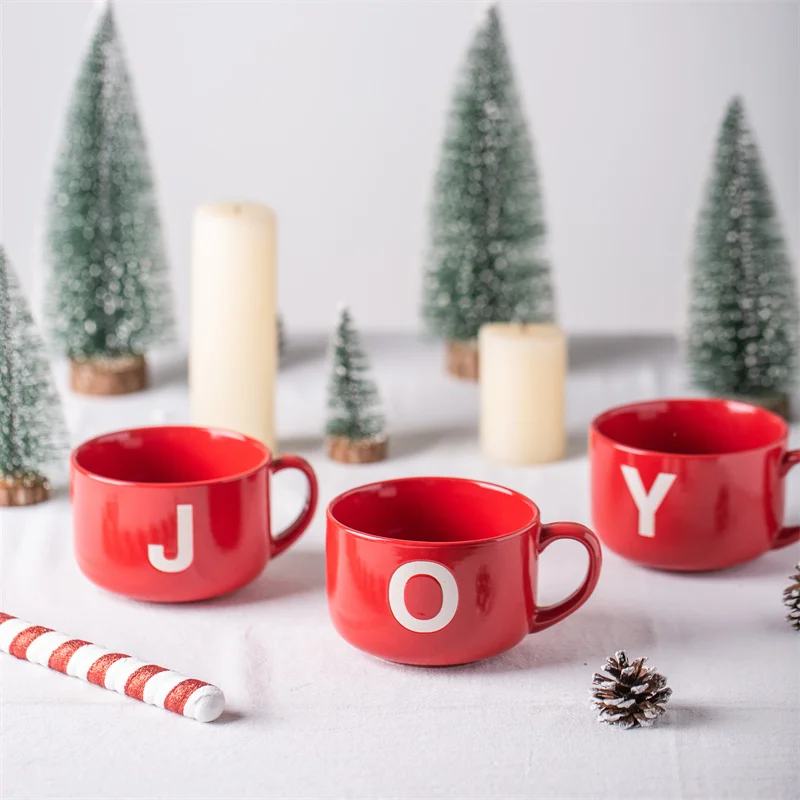 Factory new product large capacity red christmas last name ceramic soup cup holiday gift cups for children