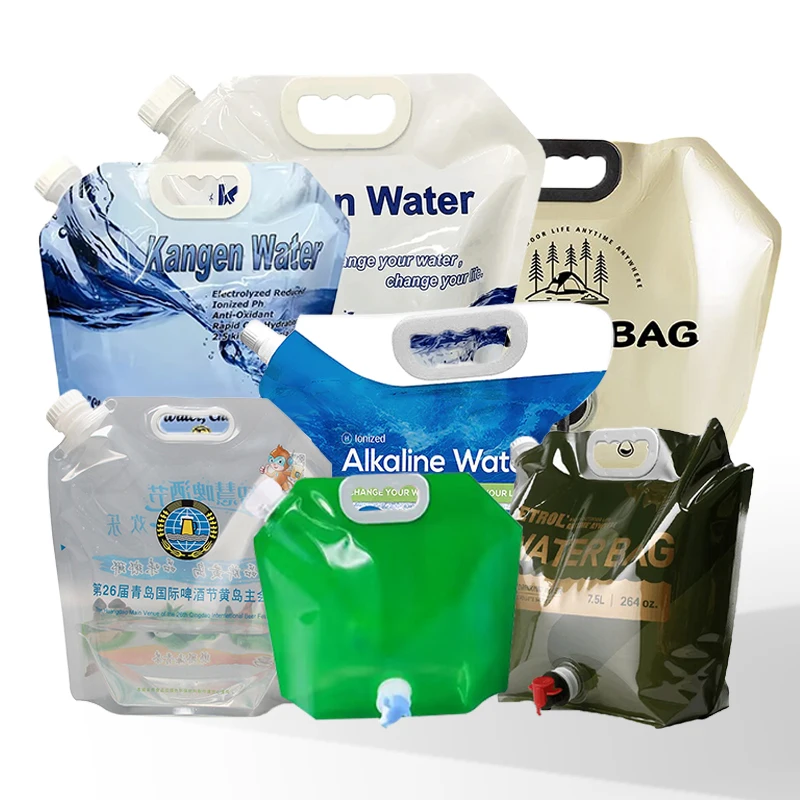 Custom printing 5l 10l portable outdoor folding drinking water container plastic packaging bag water storage pouch with handle