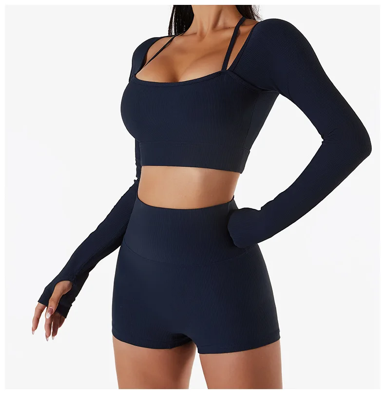 Yoga Sets Women Sportswear Suit Two Piece Set Long Sleeve Crop Top Short Leggings Workout Clothes High Waist Gym Wear C14301