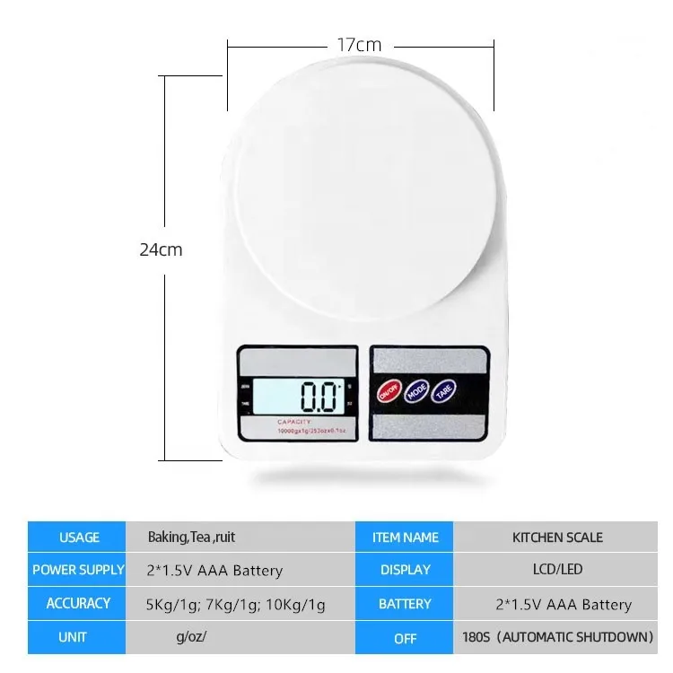 Electronic Cook Kitchen Scale Small Smart LCD ABS Portable 5 Kg Digital Display Round ABS Plastic Kitchen Weight Scale 10kg 1 G